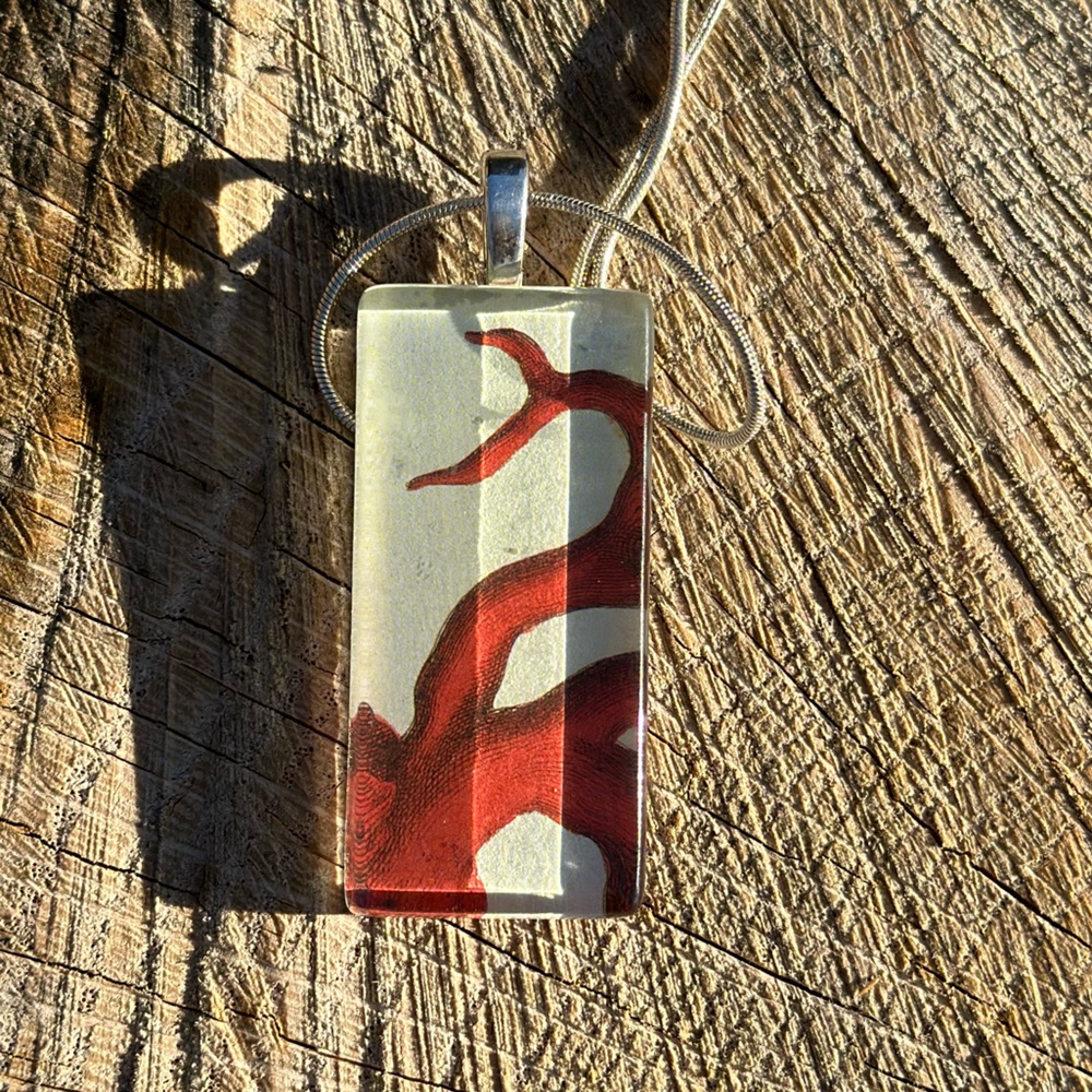 Handmade glass cabochon necklace with vintage red coral art decopauge patten